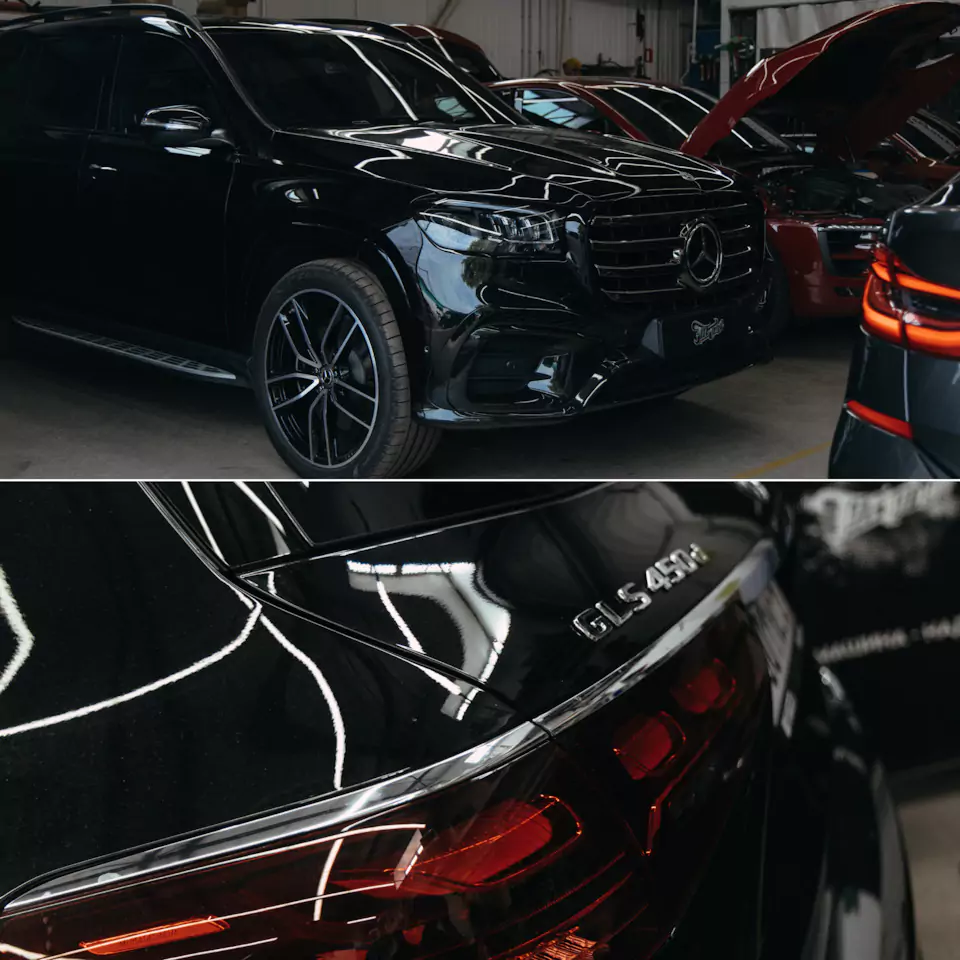 Окрас деталей Mercedes GLS после некачественных работ, оклейка полиуретаном, окрас дисков и суппортов, антихром, комплекс детейлинг-услуг